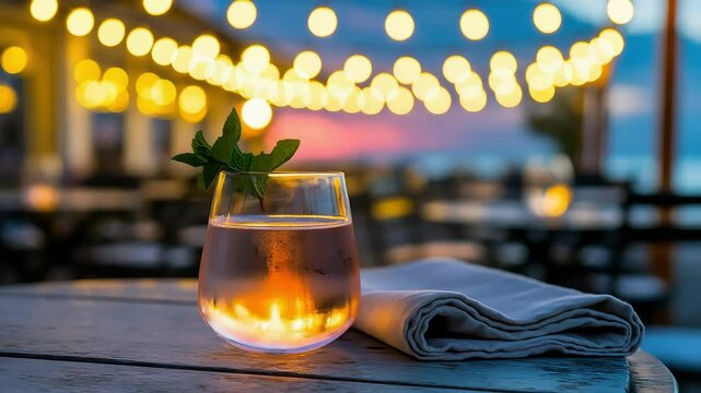 Refreshing Mint Cocktail on Outdoor Patio Table with Warm Bokeh String Lights at Sunset