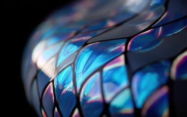 Abstract geometric form with iridescent blue light reflections on dark background, chromatic surface patterns for futuristic tech branding and digital interface designs.

