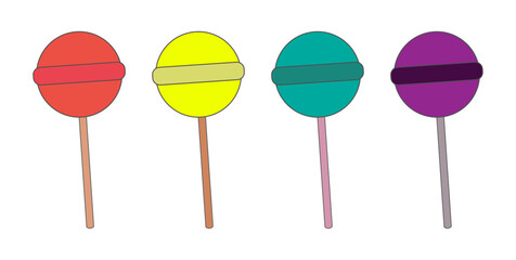Four colorful lollipops with different colored stripes on white background