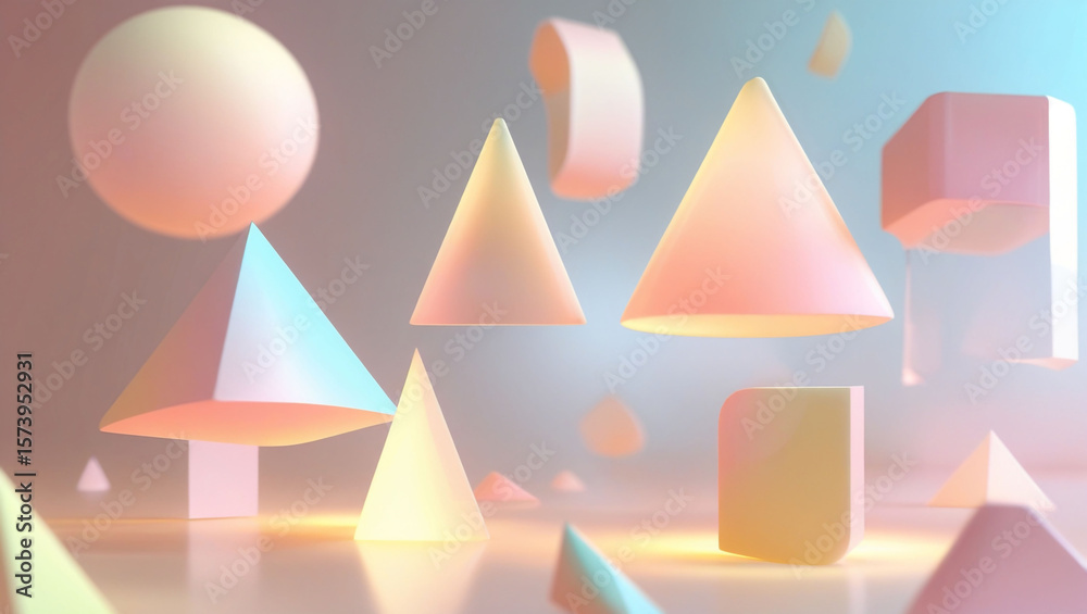 Aufkleber geometric shapes abstract background rendering cone cube sphere pastel color gradient design modern 