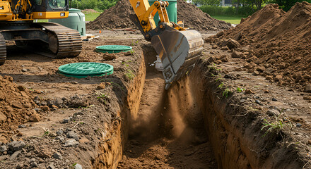 Excavator digging trench for septic system installation