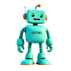 Friendly turquoise robot with the word greetings on its chest