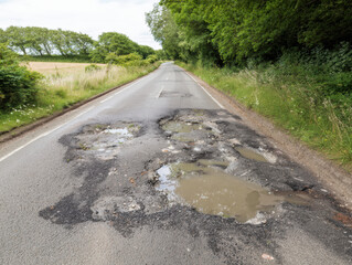 Large pothole filled with muddy water on damaged asphalt road surface. Urban infrastructure problem, street maintenance issue, road repair needed, transportation safety hazard concept.

