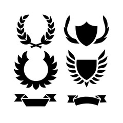elegant laurel wreaths, shields, wings, and ribbon vector set.black-and-white vector pack of wreaths, shields, banners, and wings .Collection of six heraldic emblems with shields laurels helmet.
