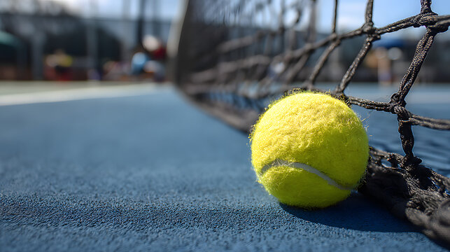 A yellow tennis ball on a blue tennis court with a black net in the background.