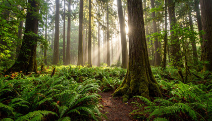 Sacred Grove of Majestic Redwoods Illuminated by Celestial Rays - Nature's Cathedral Awakening