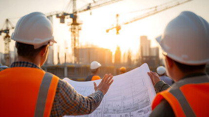 Overhead shot of engineers reviewing construction blueprint at building site with cranes during sunset – project planning and teamwork