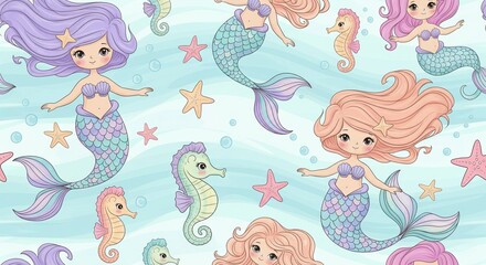 Cute mermaids swimming with seahorses and starfish in pastel ocean &ndash; children&rsquo;s seamless pattern, girly theme.