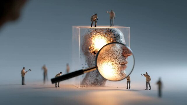 A group of tiny figures examines a massive, cracked face encased in glass. They interact with tools in a dreamlike setting, showcasing curiosity and artistry at play.