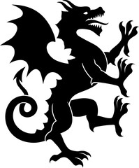 A stylised heraldry coat of arms crest style dragon standing rampant on hind legs pose
