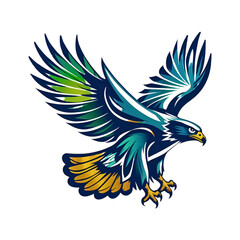 Obraz premium Stylized eagle with blue green and gold feathers in flight