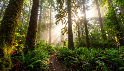Fototapeta premium Golden Sunbeams Pierce the Emerald Canopy of a Pristine Old-Growth Forest Sanctuary