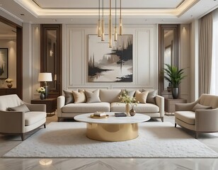 Fototapeta premium Luxury Beige Living Room Interior: Modern Sofa, Gold Accents, and Abstract Art