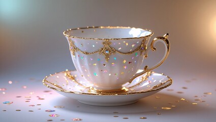 Fototapeta premium Ornate porcelain teacup with gilded accents and iridescent confetti saucer white