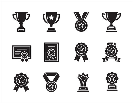 Bold silhouette icons representing awards, honors, and recognition symbols.