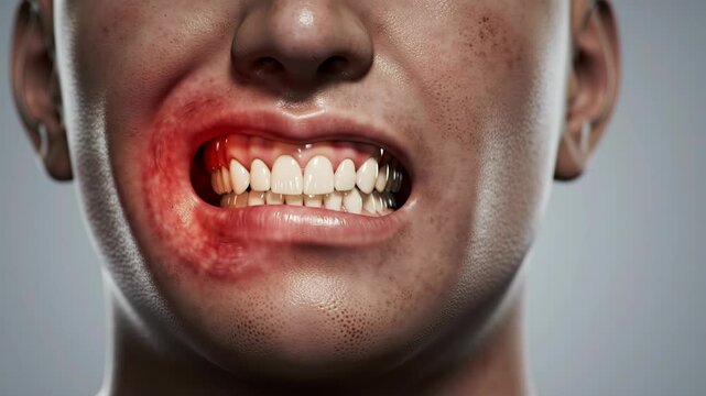 Person with a painful mouth ulcer, suffering from pain. Medical closeup.
