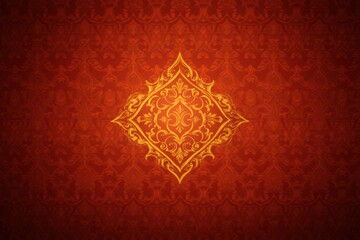 Exquisite Thai Ornament: A detailed and ornate, golden-hued Thai ornament set against a rich, textured red background, evokes a sense of ancient artistry and cultural depth.