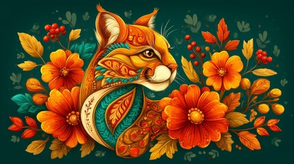Fototapeta premium Cougar Animal Portrait With Mountain Flowers And Leaves. Detailed Character Design In A Soft Pastel Watercolor Style. Vector Illustration Of A Puma For Wilderness And Nature Art