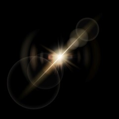 Bright central light with starburst rays and circular lens flares on black—evokes cosmic energy, spotlight drama, and cinematic illumination.