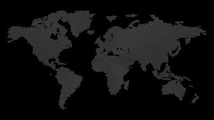Dark-themed world map with continents rendered in shades of gray over a black background. Ideal for global, editorial, and geopolitical design contexts.