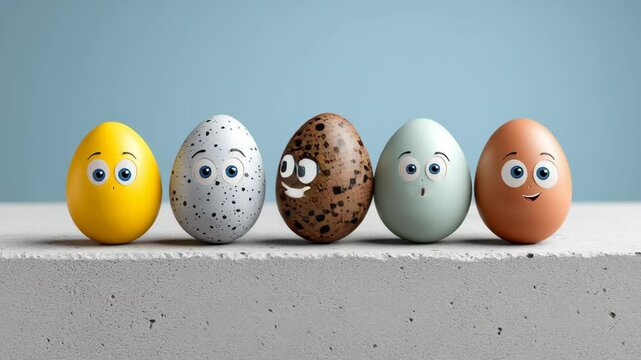 Row of eggs with different colors and patterns, each with a smiley face. The eggs are arranged in a line, with the yellow egg on the left and the brown egg on the right