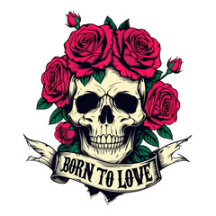 Skull adorned with red roses and a banner that says born to love