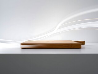 Minimalistic kitchenware advertisement featuring wooden cutting board