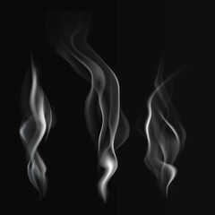 Three delicate white wisps of smoke rise against a black background, each curling and twisting with...