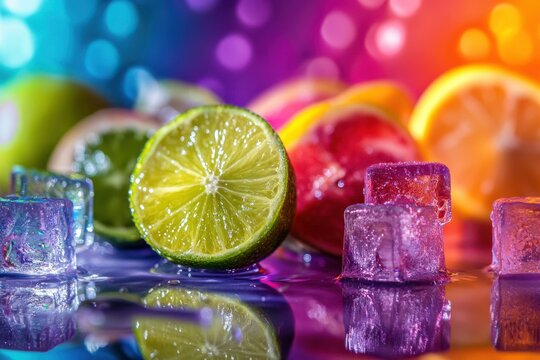 Close up shot of citrus fruits with ice cubes on a reflective surface with colorful background bokeh