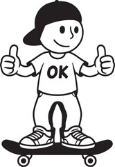Cartoon boy standing on skateboard wearing cap t shirt sneakers showing thumbs up vector art