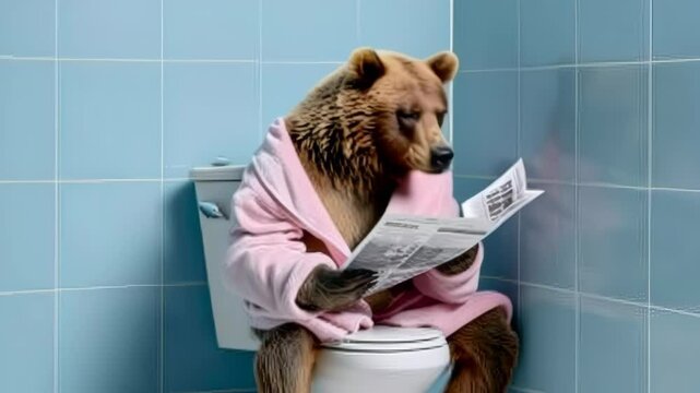 Bear is sitting on a toilet and reading a newspaper. The bear is wearing a pink robe and he is enjoying its time reading the paper. The image is humorous and lighthearted