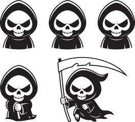 Cartoon grim reaper black white icons with hood and scythe halloween skull character vector set