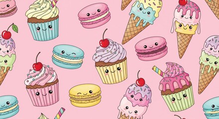 Seamless kawaii sweets pattern with cupcakes, macarons, and ice cream cones with smiley faces &ndash; pink background, girly style.