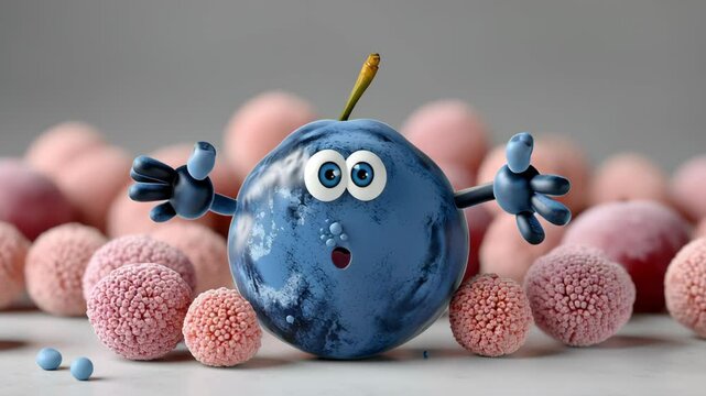 Blue cartoon fruit with a big smile on its face is surrounded by pink and white fuzzy balls
