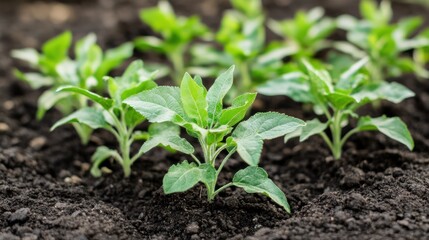 Young Sunflower Seedlings Growing in Garden Soil