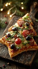 Unique pizza shaped like a Christmas tree topped with fresh vegetables and cheese sits on a wooden board with festive decorations