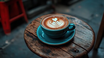 Latte art, teal cup, wooden stool, outdoor cafe, bokeh background, coffee break