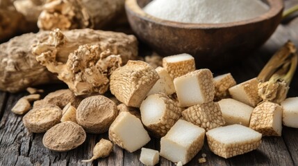 Chopped medicinal roots, powder, rustic wood.  Herbal remedy, kitchen background