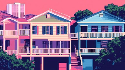 Pixel art houses, sunset, city backdrop, website banner