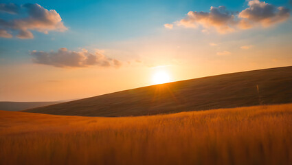 Fototapeta premium Golden Wheat Field Sunset: Serene Landscape Photography, Warm Tones, Peaceful Mood