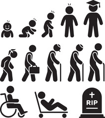  Man life stages pictogram showing human life cycle from baby to old age and death vector set