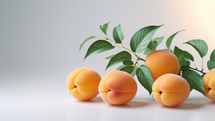 Ripe apricots with green leaves on a branch fruit still life