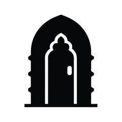 Historic arched door silhouette with detailed iron hinges for vintage building illustrations