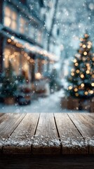 Winter scene with snow falling on wooden table near illuminated Christmas tree in cozy town square