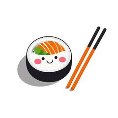 Cute smiling sushi roll with salmon and chopsticks 