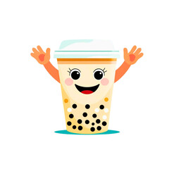 Happy cartoon bubble tea character waving with a cheerful expression