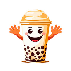 Happy cartoon boba tea character waving hello with a friendly smile