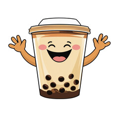 Happy kawaii boba tea drink with tapioca pearls and arms waving