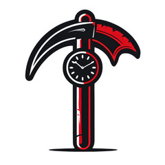 Stylized grim reaper scythe combined with a wristwatch and red accents