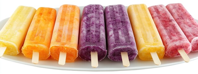 A collection of colorful fruit popsicles are arranged on a white plate, offering a refreshing treat.